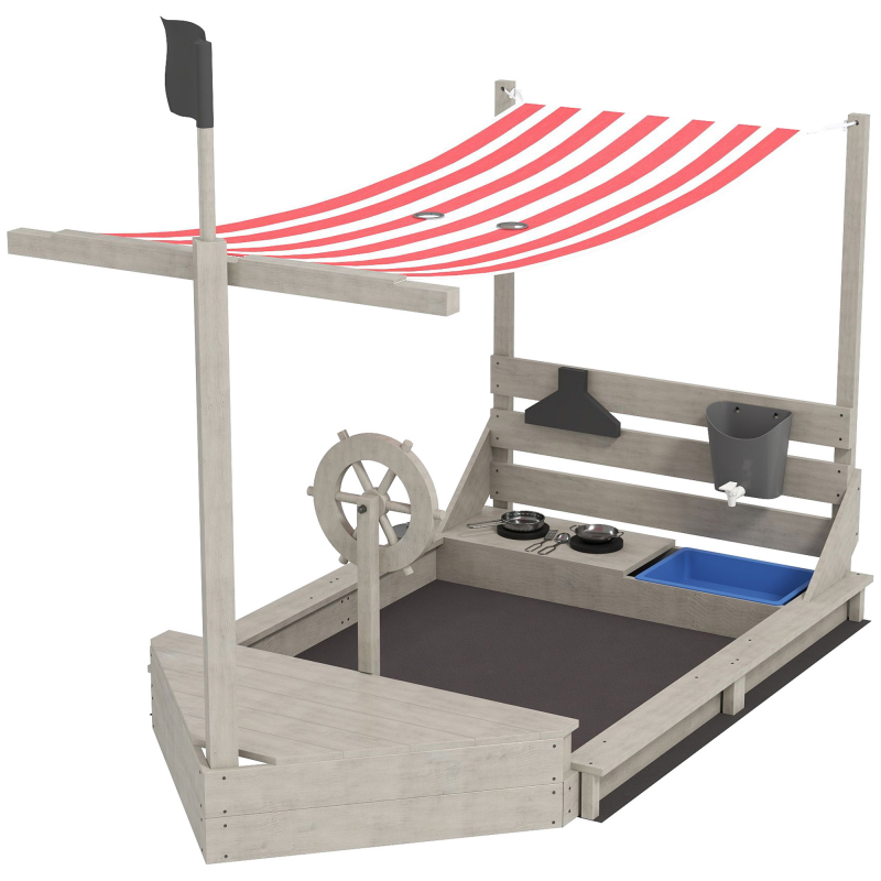 Outsunny Sandkasten Sandkiste groß mit Abdeckung im Schiff Design Matschekiste aus Holz Segelschiff Spielhaus mit Küchenspielset Aufbewahrung für Kinder 3-7 Jahre Grau 180 x 103 x 144,5 cm Aosom – Bild 1 von 2