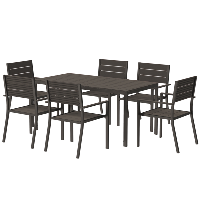 Outsunny Gartenessgruppe Gartenmöbel Set 6 Personen geschlitzte Tisch mit 6 stapelbare Stühlen Stahl HDPE für Terrasse Balkon Dunkelbraun Aosom.de – Bild 1 von 2