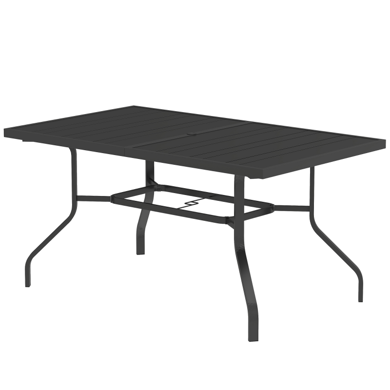 Outsunny Gartentisch 152x90 cm, Wetterfest Balkontisch aus Stahl, Beistelltisch mit Schirmloch, Latten-Design Esstisch Outdoor, Campingtisch, rechteckig Terrassentisch für Garten Balkon Schwarz Aosom – Bild 1 von 2