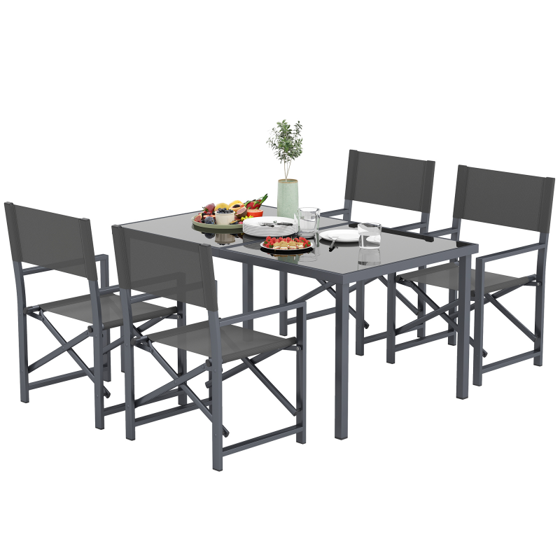 Outsunny Sitzgruppe 5-teilig Essgruppe Stahl für 4 Personen Esstisch mit 4 klappbar Stühlen Esszimmergruppe mit Glastisch Küchentisch-Set Balkonmöbel Gartenmöbel für Terrasse, Balkon Grau Aosom – Bild 1 von 2