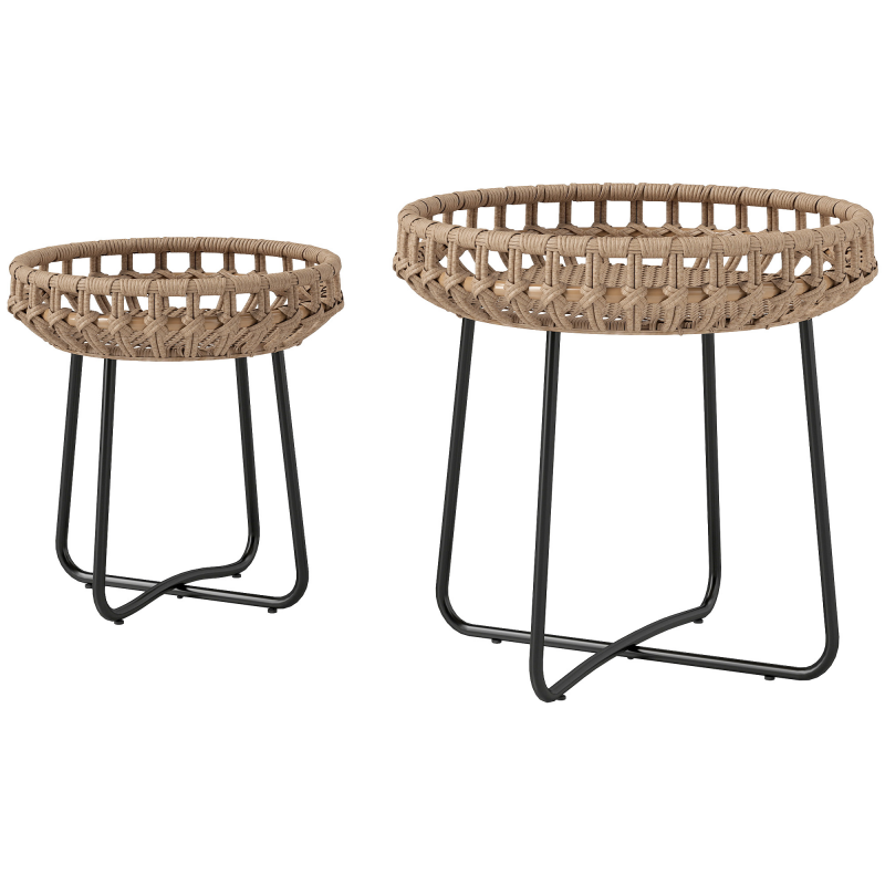 Outsunny 2er Set Beistelltisch Polyrattan Ø60/41 cm rund wetterfest Gartentisch mit X-Beine Verstellbare Fußpads Outdoor Balkontisch Couchtisch Gartenmöbel für Garten, Balkon Braun Aosom – Bild 1 von 2