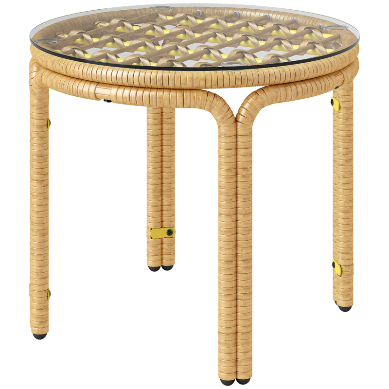 Outsunny Beistelltisch aus Polyrattan runder Couchtisch mit Glas Tischplatte Nachttisch Gartentisch Gartenmöbel Kaffeetisch Sofatisch für Wohnzimmer Garten Terrasse Balkon, Ø50 cm Gelb Aosom – Bild 1 von 2