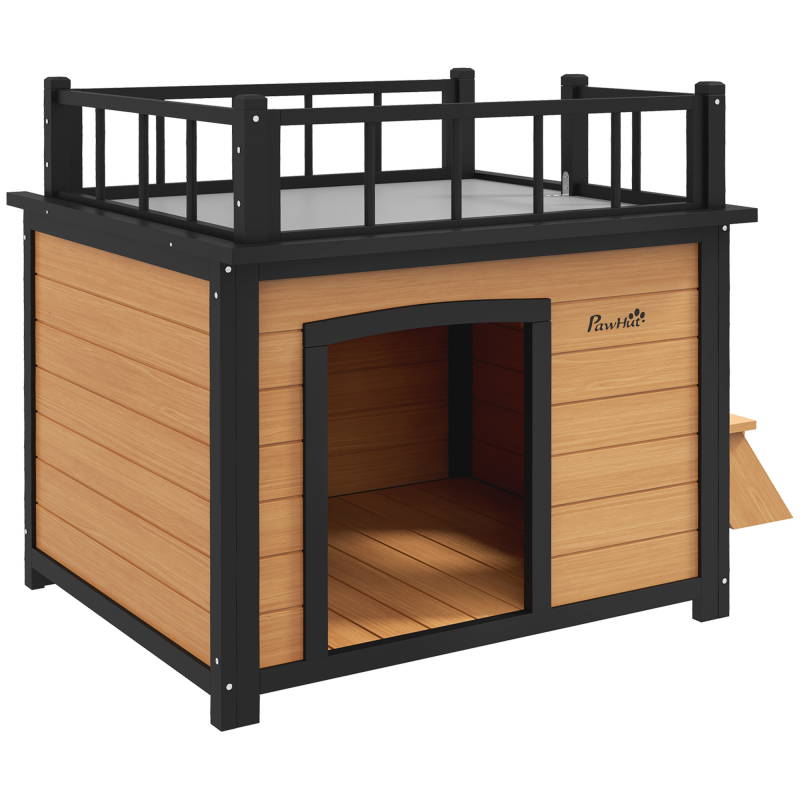 PawHut Hundehütte, Hundehaus mit Balkon, Treppe, Fenster, Hundehöhle für Kleine/Mittele Hunde, Tannenholz, Gelb, 121x77x78cm Aosom – Bild 1 von 2