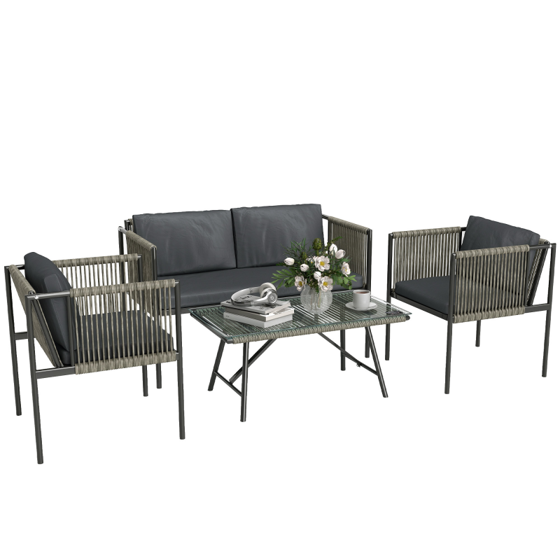 Outsunny Gartenmöbel Set aus Polyrattan Lounge-Set mit 2er Sofa Sessel Glastisch Kissen wetterfest Balkonmöbel für 4 Personen Outdoor Sitzgruppe Terrassenmöbel für Garten Balkon Grau Aosom – Bild 1 von 2