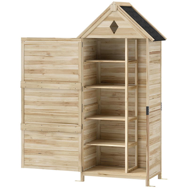 Outsunny Gartenschrank Holz, wasserdicht Geräteschuppen mit Asphalt-Satteldach Ablage Tür 80 x 49 x 170 cm, wetterfest Geräteschrank, Gerätehaus Gartenschuppen für Garten, Terrasse, Naturholz Aosom – Bild 1 von 2