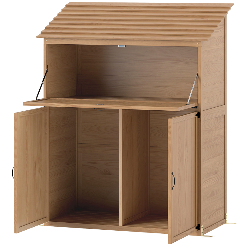 Outsunny Gartenschrank Holz, Geräteschuppen mit Stufen-Pultdach Ablage klappbar Tisch Doppeltüren 110 x 54 x 136 cm, wetterfest Geräteschrank, Gerätehaus Gartenschuppen für Garten, Terrasse, Naturholz Aosom – Bild 1 von 2