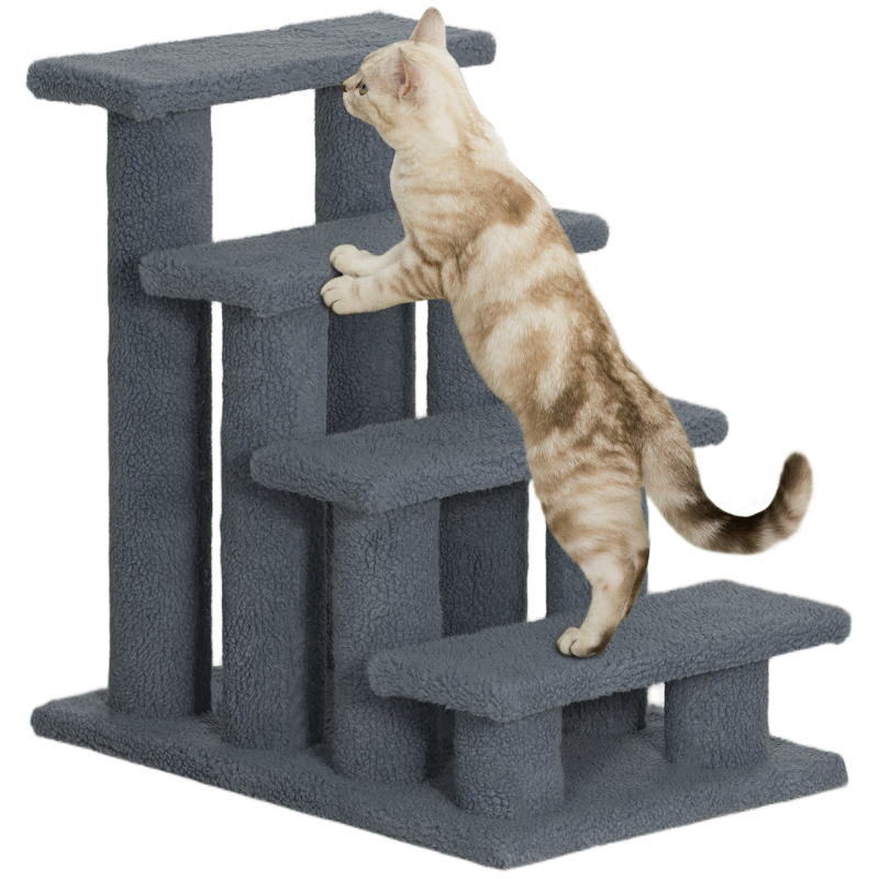 PawHut Tiertreppe Katzentreppe Hundetreppe 4 Stufen Grau 63,5x43x60cm für Katzen und Hunde, ideal für Senioren & kleine Tiere Aosom.de – Bild 1 von 2