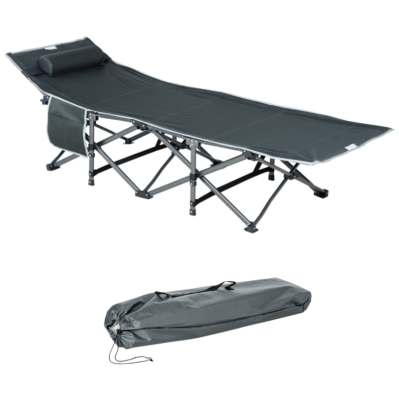 Outsunny Sonnenliege Klappbare Liege mit Kopfkissen Seitentasche integrierte Aufbewahrungstasche Metall und Oxford-Stoff 188 x 64,5 x 53 cm grau Aosom – Bild 1 von 2