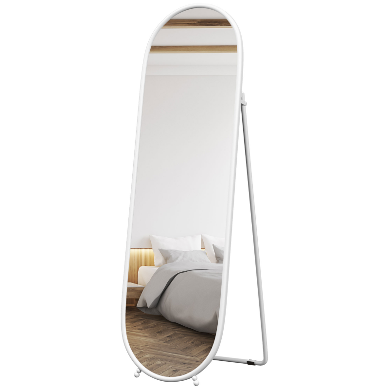 HOMCOM Ganzkörperspiegel, 160 x 40 cm Wandspiegel mit Ständer, Metallrahmen, Oval Standspiegel für Wohnzimmer, Schlafzimmer, Weiß Aosom – Bild 1 von 2