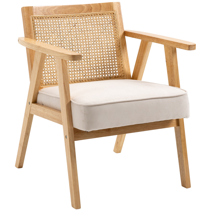 HOMCOM Sessel Wohnzimmer Relaxsessel mit Armlehnen, Sitzkissen, Loungesessel mit Rattan-Rückenlehne, Lesesessel mit Leinen-Optik, Holzrahmen, Polstersessel für Schlafzimmer Creme Aosom – Bild 1 von 2