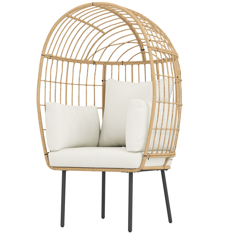 Outsunny Rattansessel Ei-Förmig mit abnehmbarem Kissen, Polster, übergroße Outdoor Sessel aus Rattan, Wetterfest Korbsessel Gartensessel Gartenstühle für Garten Balkon, Veranda, Terrasse Beige Aosom – Bild 1 von 2