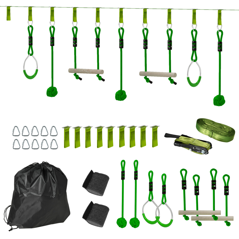 AIYAPLAY 10 m Zipline Kit Kinder Slackline-Set mit 2 Turnringe, 2 Kletterstangen und 3 Spinnerräder für Garten Outdoor Zip Line Kit für 3-6 Jahre Kinder, bis 50 kg Aosom – Bild 1 von 2