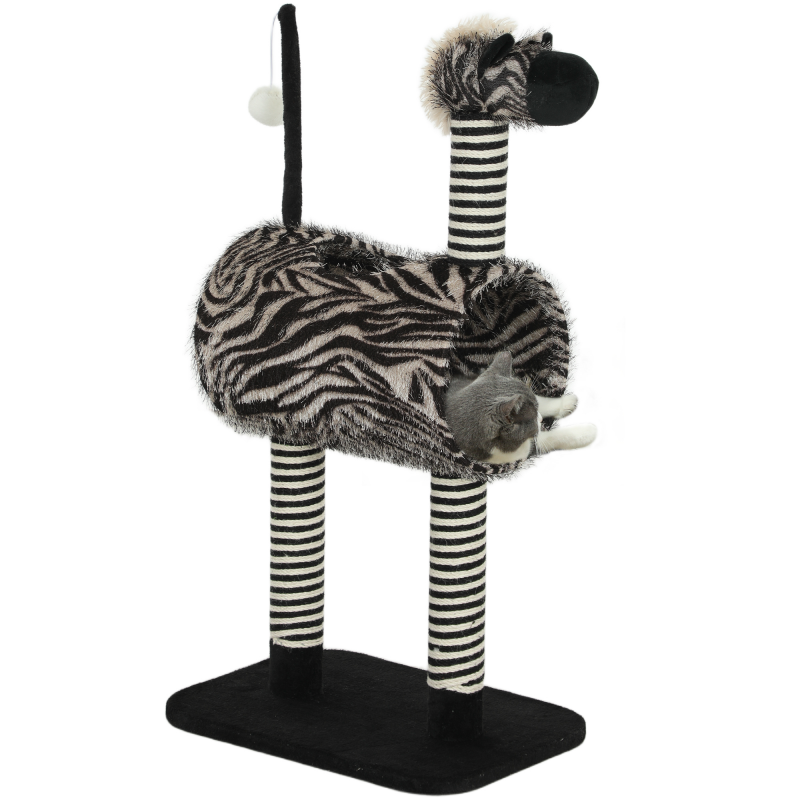 PawHut Kratzbaum Zebra-Design mit Katzentunnel Ø25 cm, Katzenbaum 93 cm, Kratzstämme Schwarz Weiß für Katzen Aosom.de – Bild 1 von 2