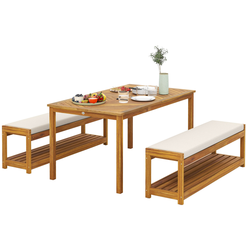 Outsunny 3 tlg. Gartenmöbel-Set Akazienholz Sitzgarnitur inkl. 1 Esstisch mit Schirmloch, 2 Bänke, Balkonmöbel-Set, Gartengarnitur für Balkon, Terrasse, Teak Aosom – Bild 1 von 2