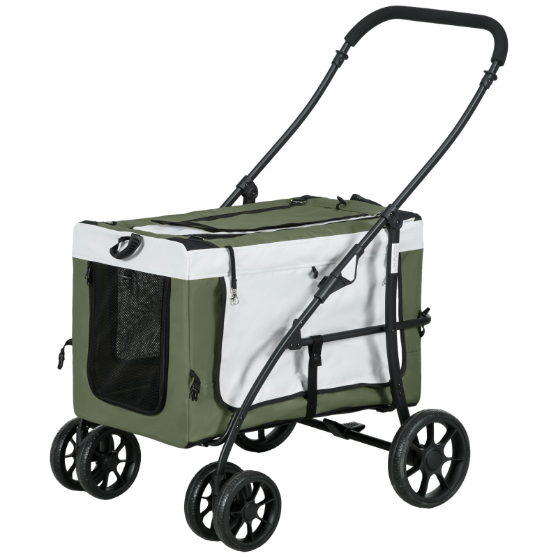PawHut 2 in 1 Hundewagen Hundebuggy klappbar für Hunde & Katzen bis 10 kg Katzenbuggy mit Kissen Netzfenstern Türen Aufbewahrungskorb Katzenwagen Buggy Dunkelgrün Aosom – Bild 1 von 2