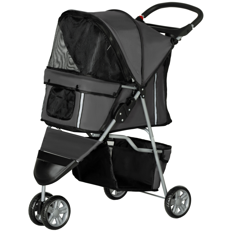 PawHut Hundewagen Hundebuggy klappbar für Hunde & Katzen bis 10 kg Katzenbuggy mit Kissen Netzfenstern Getränkehalter Aufbewahrungstasche Katzenwagen Buggy Dunkelgrau Aosom – Bild 1 von 2