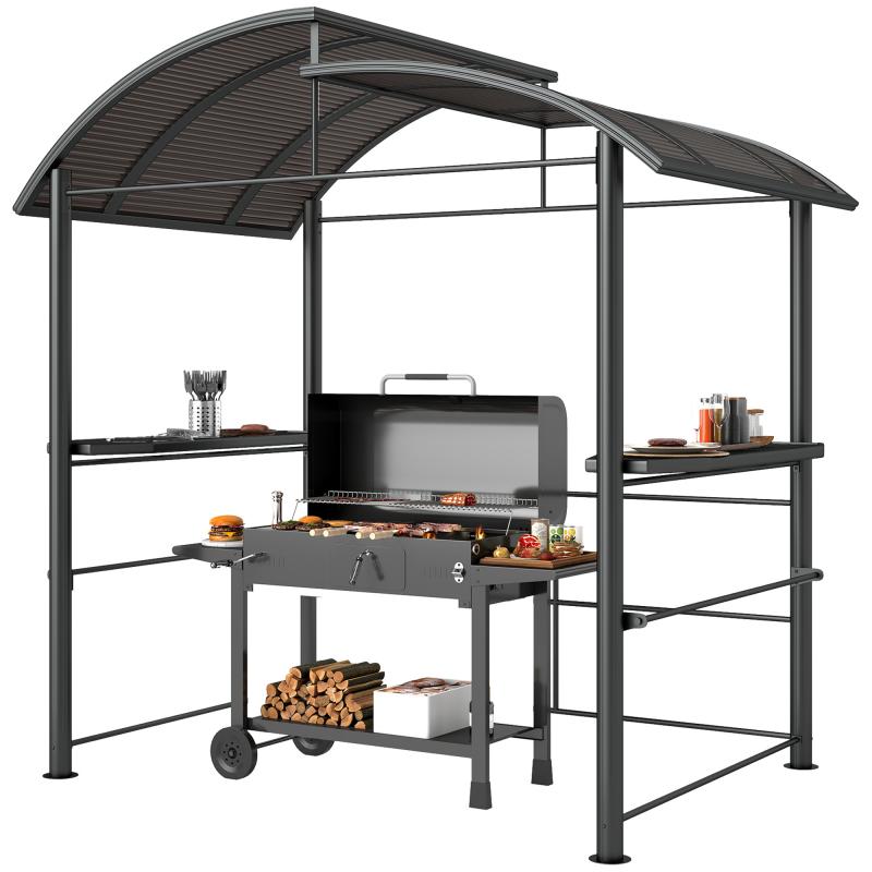 Outsunny Grillpavillon BBQ Pavillon mit Flammschutzdach, UV-Schutz & 2 Ablagen, Pergola aus Stahl für Garten Balkon, 240x150x230 cm Dunkelgrau Aosom – Bild 1 von 2