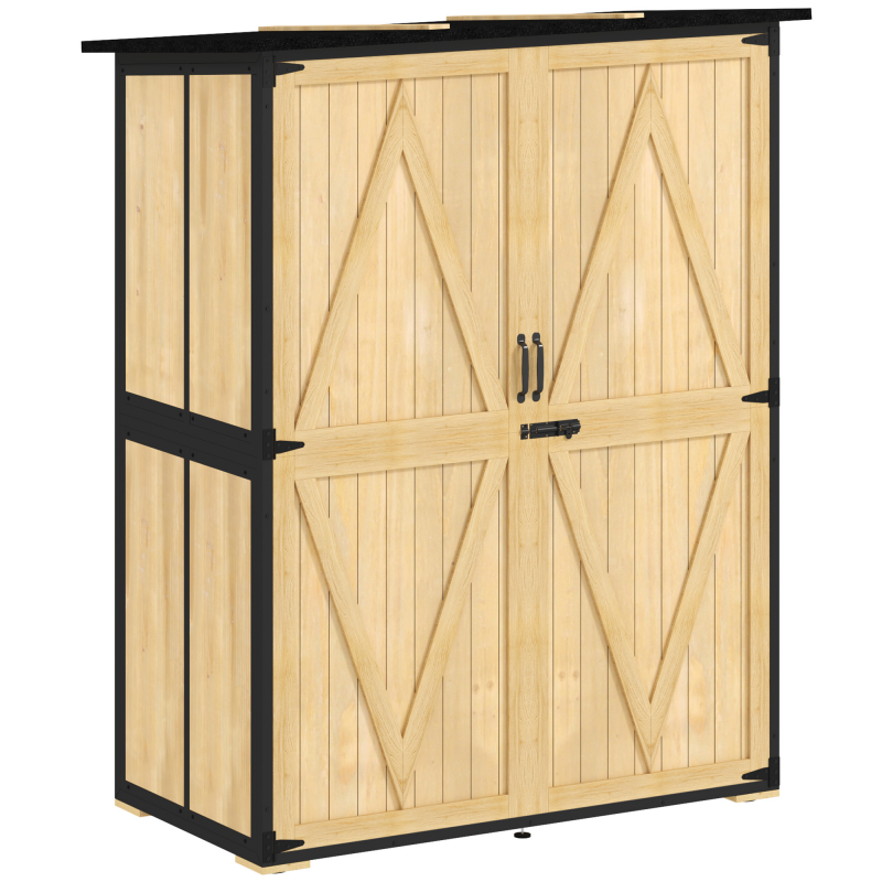 Outsunny Gartenschrank, Geräteschuppen aus Holz, Wetterfest Geräteschrank mit 2 Türen, Regale, Werkzeughaus mit Asphaltdach, Werkzeugschrank für Garten, Terrasse, 140 x 74 x 173 cm, Naturholz Aosom – Bild 1 von 2