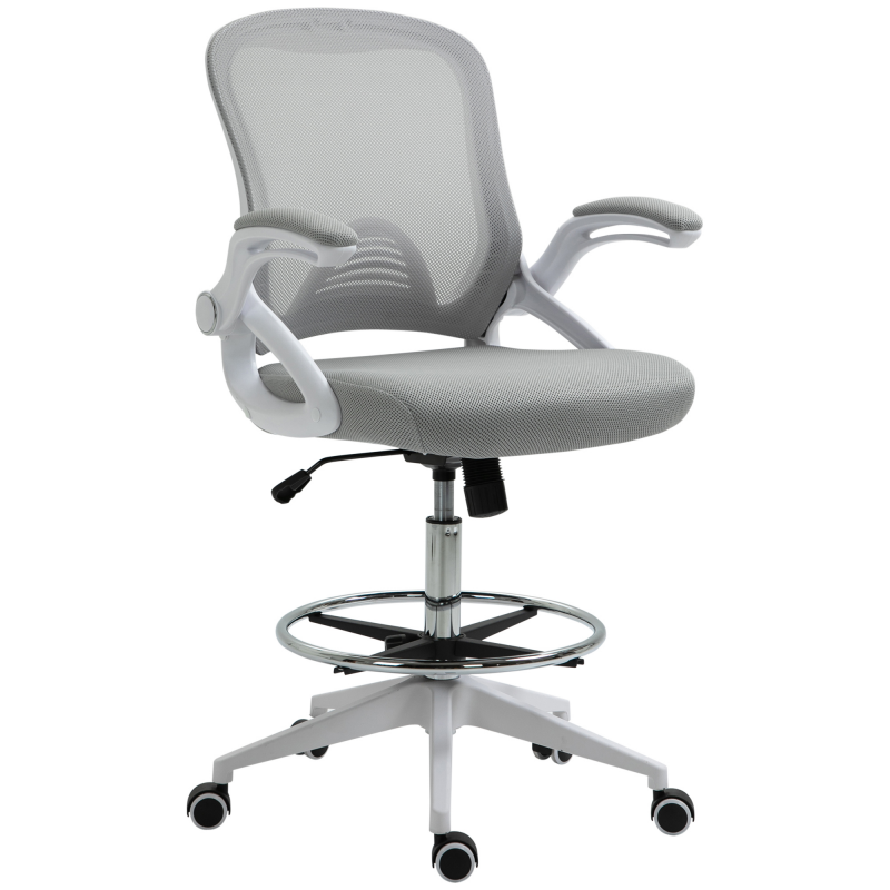 Vinsetto Bürostuhl Ergonomischer Schreibtischstuhl mit Hochklappbaren Armlehnen und Verstellbarer Fußring, Höhenverstellbarer Drehstuhl mit Wippfunktion, Netzbespannung Hellgrau Aosom – Bild 1 von 2