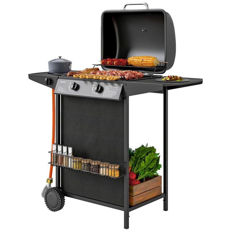 Outsunny Gasgrill 7 KW Grillwagen inkl 3 Brenner Seitenkocher Rolle Druckminderer Deckel Gasschlauch 2 Heizzonen Thermometer Seitenablagen, BBQ Gartengrill für Balkon, Grill 107 x 54 x 96 cm Aosom – Bild 1 von 2
