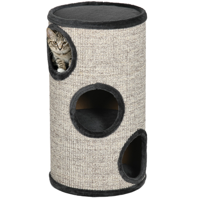 PawHut Kratztonne Plüschdesign 3 Ebenen mit 3 Höhlen und Sisalseil Kratzfläche 38 x 38 x 70 cm Grau für Katzen Aosom.de – Bild 1 von 2