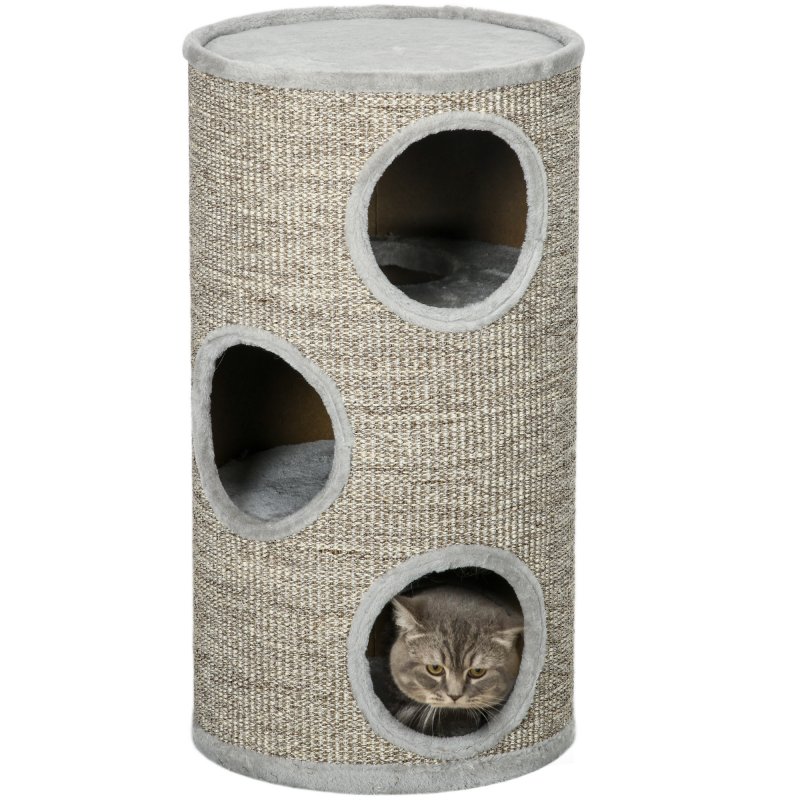 PawHut Kratztonne Spiel- und Kratztonne für Katzen mit 3 Höhlen aus Sisal und Plüsch Hellgrau Ø38x70cm für aktives Spielen und Entspannen Aosom.de – Bild 1 von 2