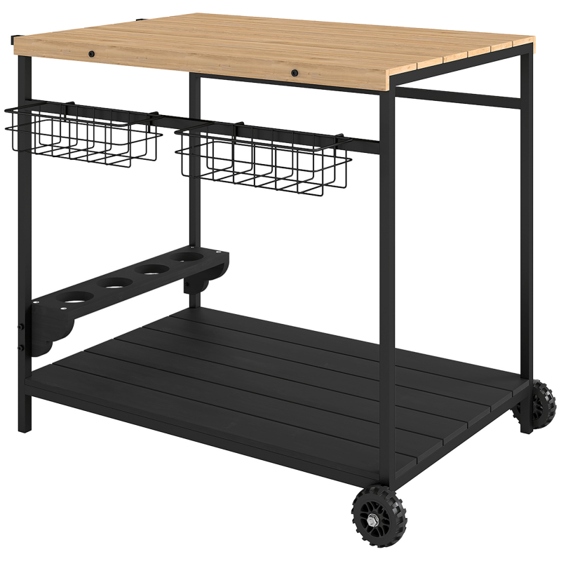 Outsunny Servierwagen Gartenrollwagen mit 2 Ebenen Barbecue Trolley mit Aufbewahrungskorb und Becherhalter aus Tanne für Grillpartys & Küche Aosom.de – Bild 1 von 2