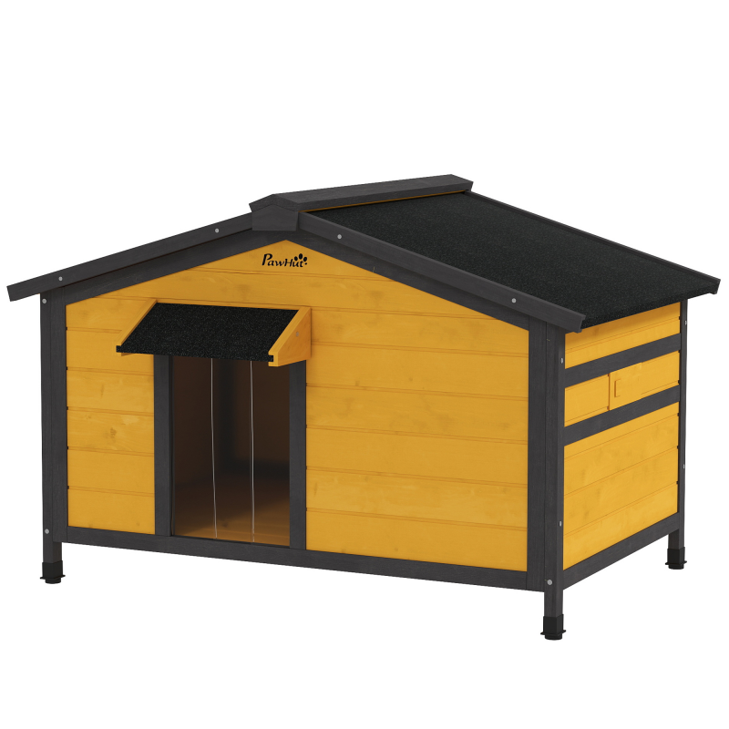 PawHut Hundehaus für Draußen Kleine Hundehütte mit Klappbarem Asphaltdach 2 Fenstern mit Türvorhang und herausnehmbarer Basis 97x72x65 cm Naturholz Aosom – Bild 1 von 2