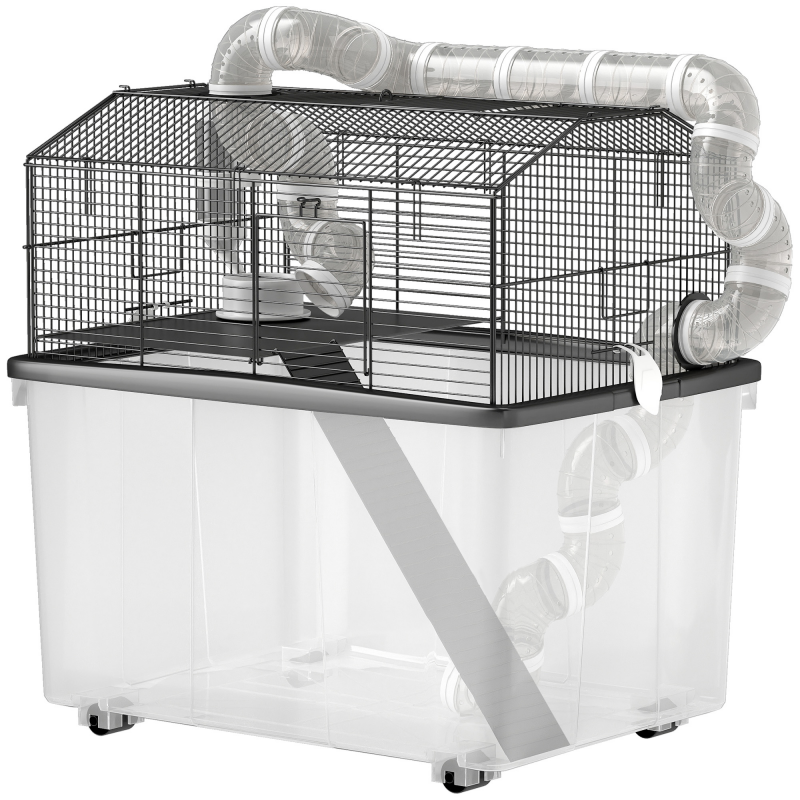 PawHut Hamsterkäfig, Hamsterkäfig mit Rampe, Futternapf, Trinkflasche, Rohrsystem, 58 x 43 x 57 cm, Schwarz Aosom – Bild 1 von 2