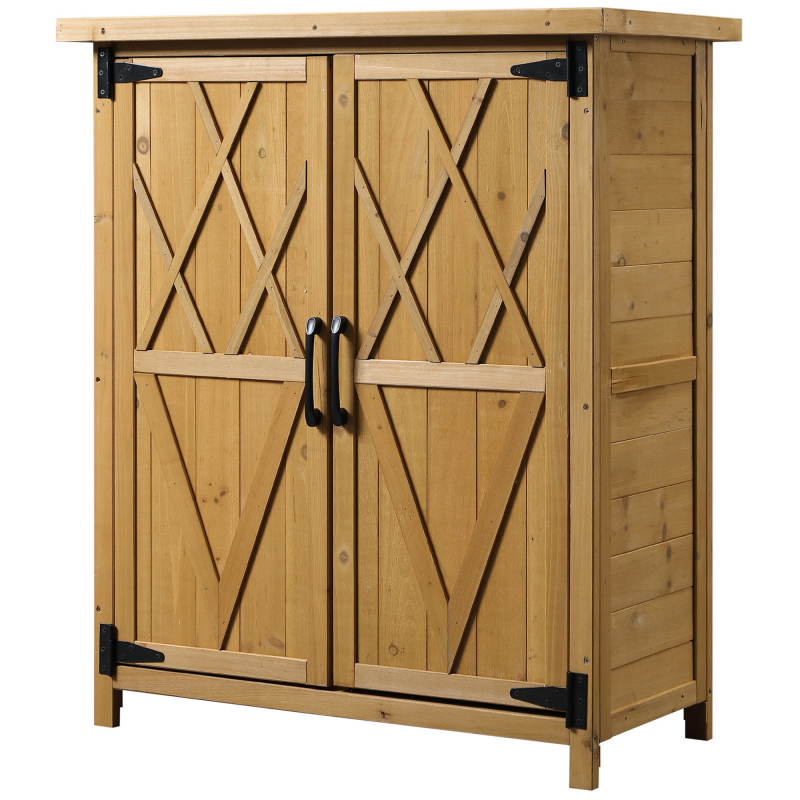 Outsunny Gartenhaus Gartenschrank Outdoor-Ständer Maße 75L x 40B x 90H cm 3 Regale 2 Türen verzinktes wasserdichtes Blechdach Kiefernholz gelb Aosom – Bild 1 von 2