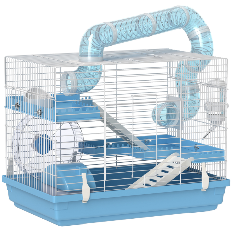 PawHut Tragbarer Hamsterkäfig, Hamsterkäfig mit Hütte, Laufrad, Napf, Wasserflasche, Sitzstangen, Leitern, Rohrsystem, 47,5 x 31,5 x 29,5 cm, Hellblau Aosom – Bild 1 von 2