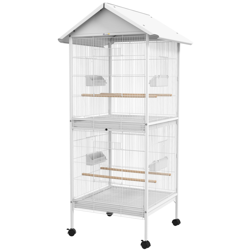 PawHut Vogelvoliere Käfig auf Rollen Designhaus Futtertröge Sitzstangen Türen Ablagen Kotwannen Metall Weiß Aosom – Bild 1 von 2