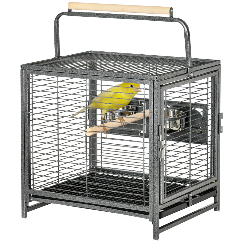 PawHut Vogeltransportkäfig aus Stahl für Papageien, Vogelkäfig mit 2 Edelstahlnäpfen, 2 Holzsitzstangen, herausnehmbarer unterer Schale, für Nymphensittiche, Sittiche, Graupapageien, schwarz Aosom – Bild 1 von 2