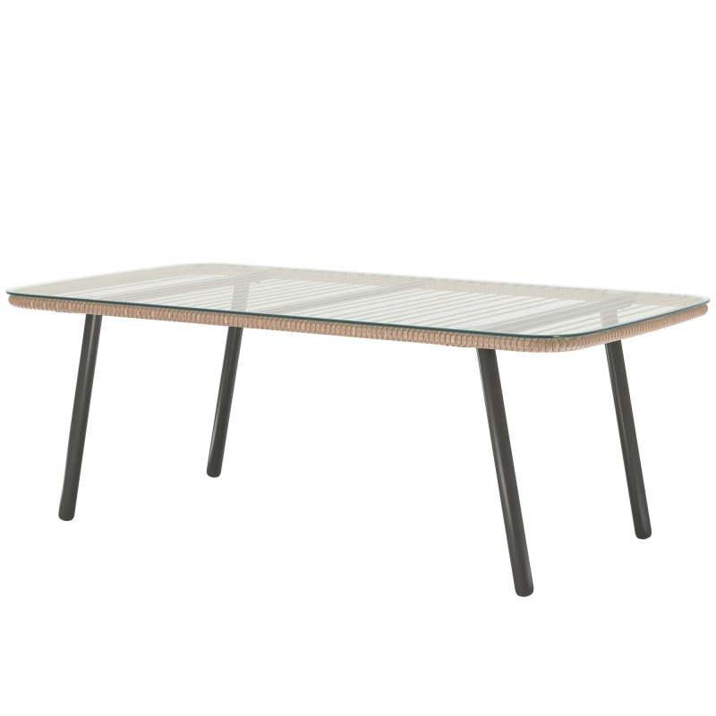 Outsunny Garten-Couchtisch aus geflochtener Kunstharz mit 5 mm dickem gehärtetem Glas-Plateau, Beistelltisch für Draußen, Garten, Terrasse, Patio, Balkon, Stahlrahmen 110 x 60 x 40 cm, natürliche Holzoptik Aosom – Bild 1 von 2