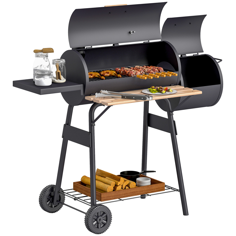 Outsunny® Smoker Grill BBQ Holzkohlengrill Grillwagen mit 2 x Brennkammer Schornstein Aosom – Bild 1 von 2