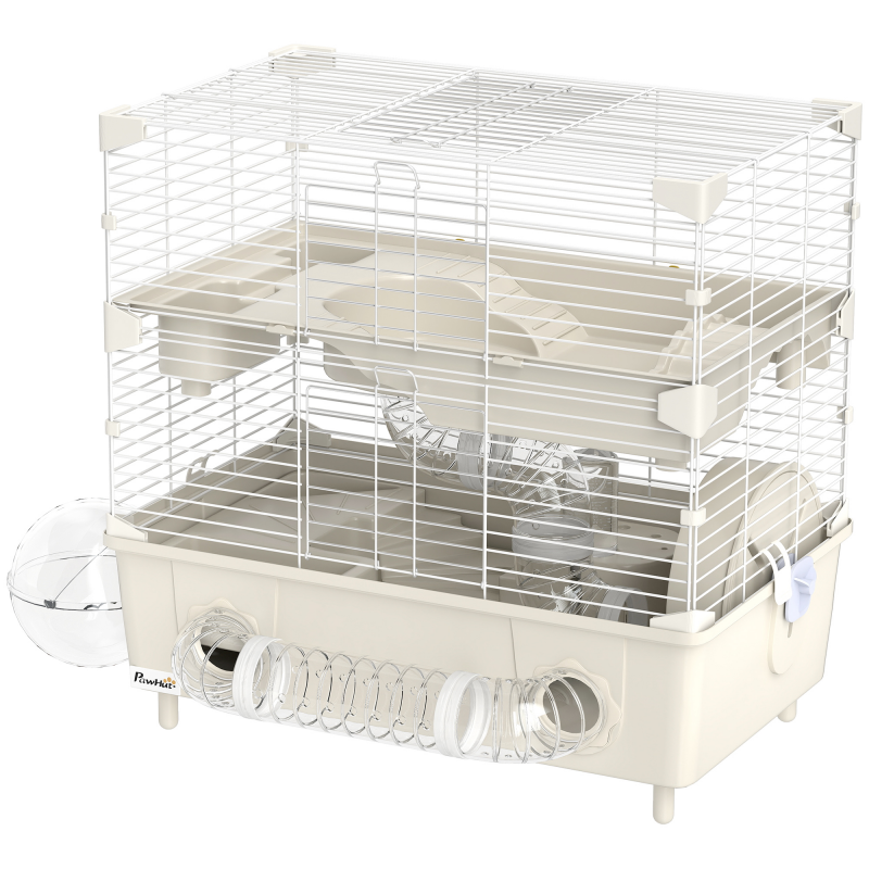 PawHut Hamsterkäfig mit 2 Ebenen und 3 Türen mit Rad, Sandbad und Spielröhren, Käfig für Tiere aus Stahl, PS und PP, 44,5x28x44 cm, Creme und Weiß Aosom – Bild 1 von 2