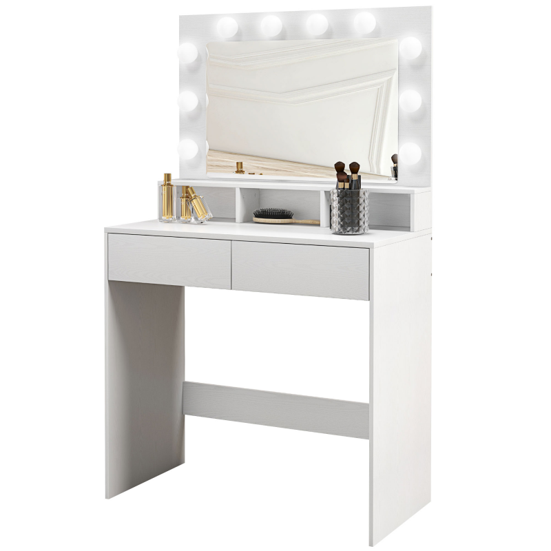 HOMCOM Coiffeuse mit Hollywood-Spiegel, Schminktisch mit Schubladen, 3 Beleuchtungsmodi, 10 Glühbirnen, moderner Friseurtisch für Schlafzimmer, Wohnzimmer, 80 x 40 x 135 cm, Weiß Aosom – Bild 1 von 2