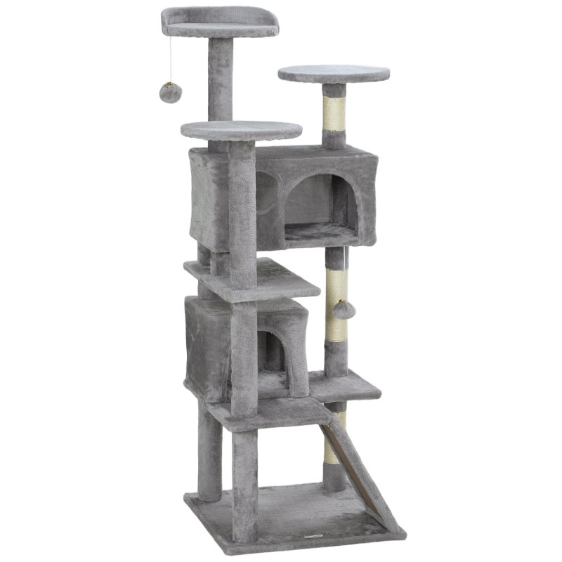 PawHut Katzenbaum Höhe 138 cm, Spielzeugturm für Katzen mit Kratzbrett, Plattformen, 2 Höhlen, Bommeln, Plüschstoff, Mehrstufig ideal für 1-3 Katzen Hellgrau Aosom – Bild 1 von 2