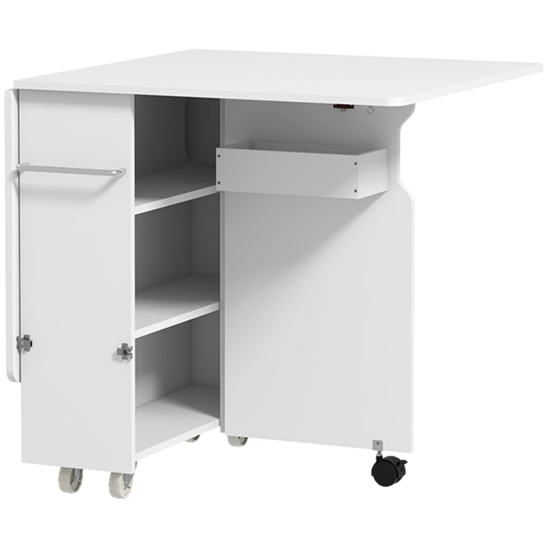 HOMCOM Klapptisch mit 3-stufigen Regalen, Aufbewahrungsbox und Rollen, klappbarer Tisch aus MDF, 130x80x76.5 cm, Weiß Aosom – Bild 1 von 2