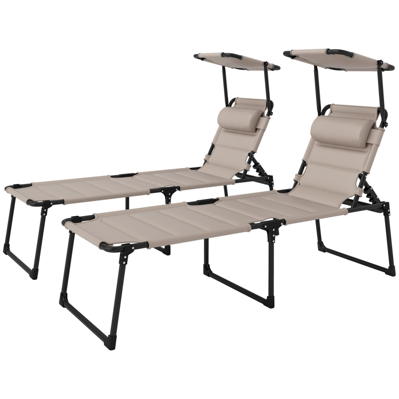Outsunny Lot von 2 Sonnenliegen, klappbare Liegestühle mit verstellbaren mehrfach positionierbaren Rückenlehnen und Sonnenschutz, Kaki Aosom – Bild 1 von 2