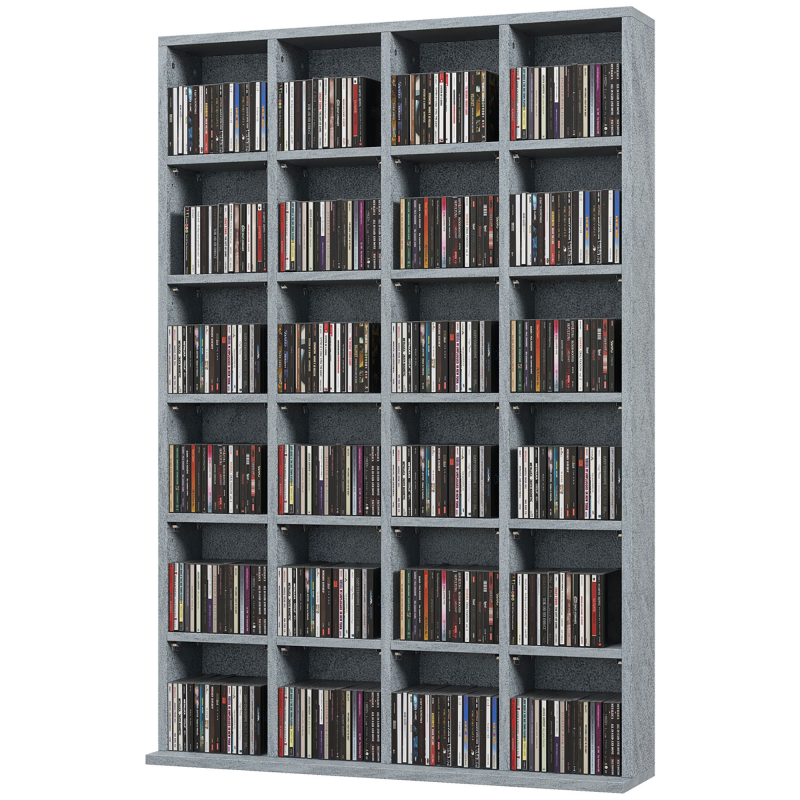 HOMCOM CD- und DVD-Aufbewahrung, Multimedia-Aufbewahrungsmöbel mit 24 Fächern, maximale Kapazität 480 CD/312 DVD, Bücherregal aus Holz mit verstellbaren Regalen, 89 x 20 x 130,5 cm, Grau Aosom – Bild 1 von 2