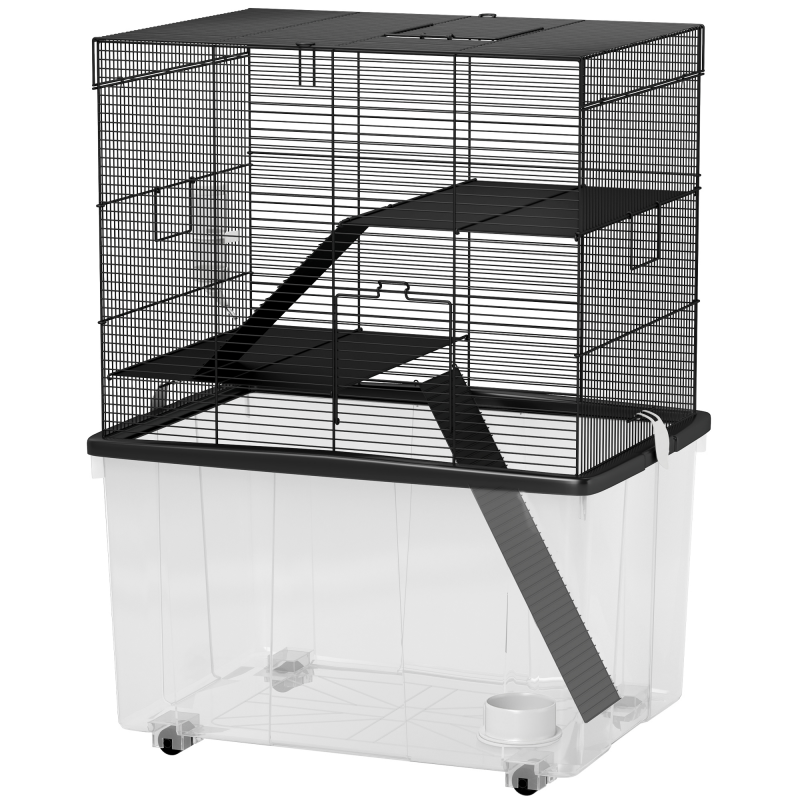 PawHut Hamsterkäfig mit 3 Ebenen und 31 cm tiefer Bodenwanne, mit Rädern, Hamsterhaus mit Rampen, Napf, Trinkflasche, 58x43x74 cm, Schwarz Aosom – Bild 1 von 2