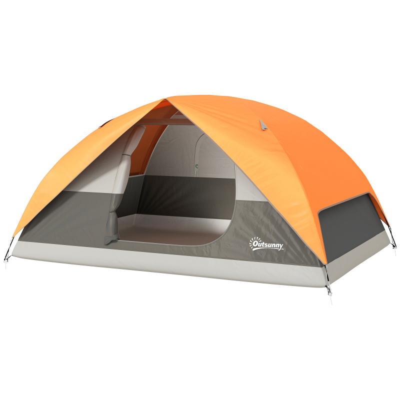 Outsunny Familien-Campingzelt für 3 Personen, Wasserdichtes Kuppelzelt 3000mm mit Ladeöffnung, Taschen, Deckenhaken für Laterne und Transporttasche, Orange und Grau Aosom – Bild 1 von 2