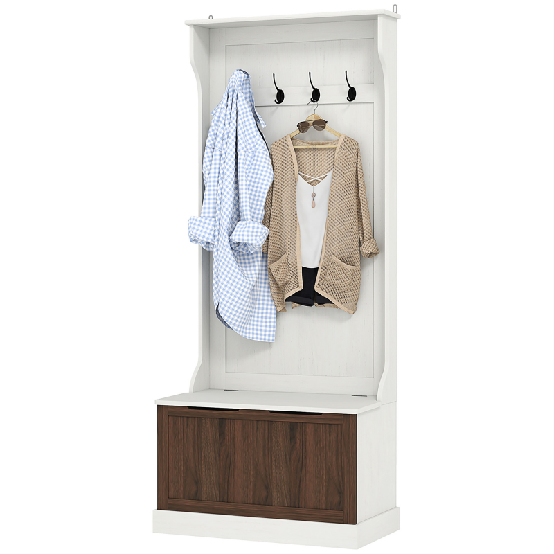 HOMCOM 3 in 1 Garderobenständer mit Schuhschrank, platzsparender Bodengarderobe mit 4 Haken und Sitzbank, aus MDF, für Flur, Schlafzimmer, 71,5x39,5x170 cm, Weiß und Braun Aosom – Bild 1 von 2