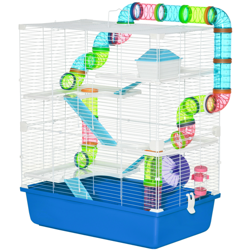 PawHut Hamsterkäfig mit 5 Ebenen, Röhren, Hochhaus, Wassertank, Rampen, Napf, Plattformen und Rad, Nagetierkäfig mit 2 Stahlgriffen, PP und PS, 59x36x69 cm, Blau Aosom – Bild 1 von 2