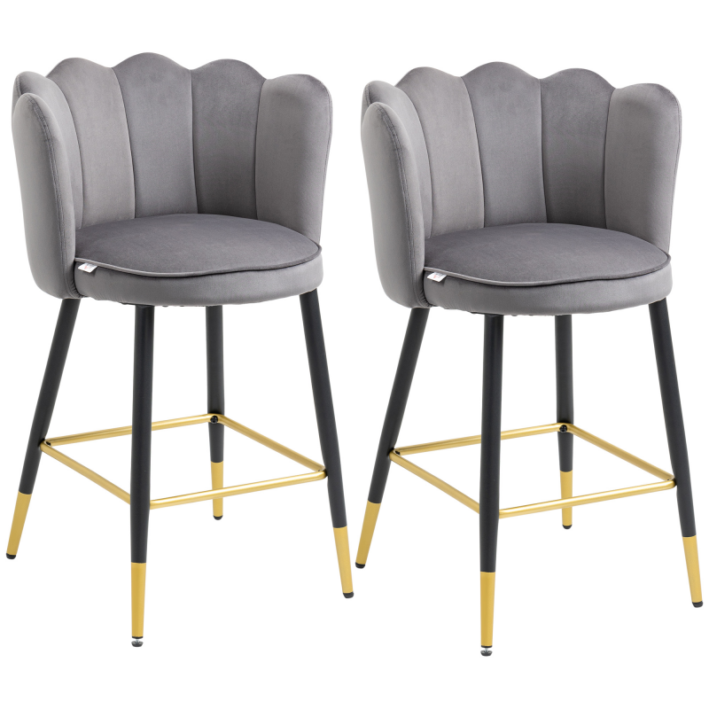 HOMCOM Set mit 2 Samt Barhockern mit Fußstütze und Stahlbasis, 59x52x90cm, Grau Aosom – Bild 1 von 2