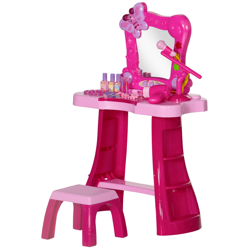 AIYAPLAY Kinderschminktisch 15 teilig, Schminktisch mit Hocker und Spiegel, Licht, Musik, Mikrofon, Haartrockner, Aufbewahrungsfach, für Mädchen von 3-6 Jahren, Himbeerrosa Aosom – Bild 1 von 2