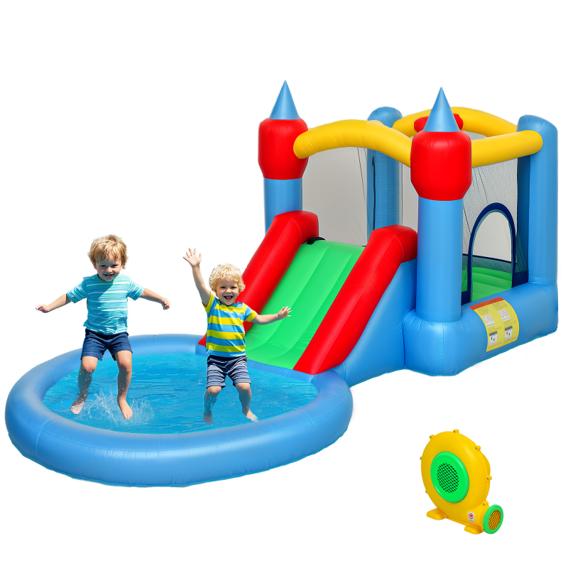 AIYAPLAY Aufblasbares Schloss mit Gebläse 4-in-1 aufblasbare Struktur, Rutschen, Trampolin, Basketballkorb, Bällebad, für Innen- und Außenbereich, für bis zu 3 Kinder im Alter von 3-8 Jahren Aosom – Bild 1 von 2