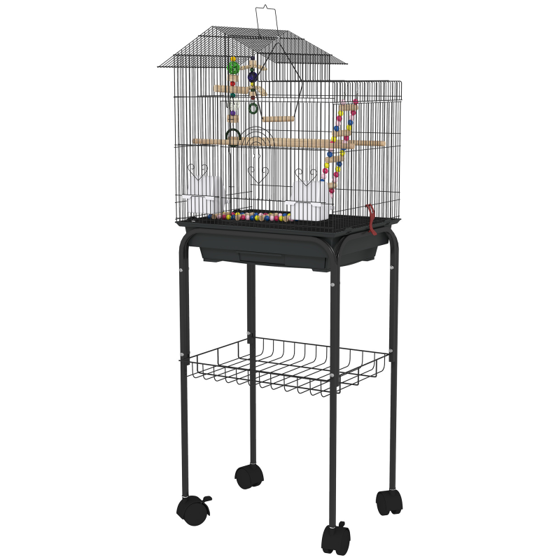 PawHut Vogelkäfig mit Ständer, Vogelvoliere mit Netzregal und 4 schwenkbaren Rollen, Käfig mit Schaukel, Näpfen und Spielzeug, 46x36x120 cm, Schwarz Aosom – Bild 1 von 2