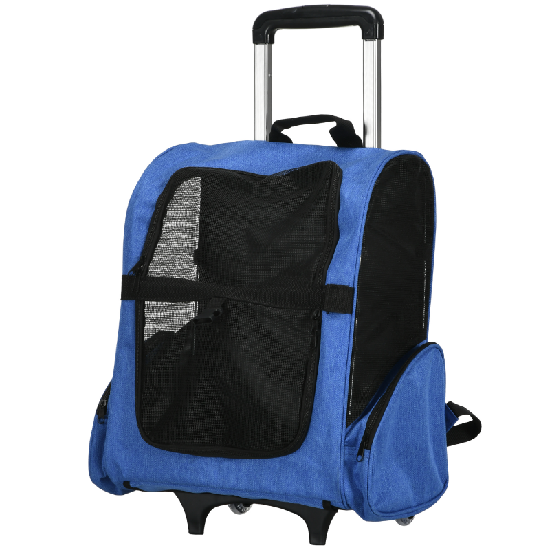 PawHut Trasportino Rucksack 2 in 1 für Hunde und Katzen mit Seitentaschen, Teleskopgriff und Räder, 42x25x55cm, Blau Aosom – Bild 1 von 2